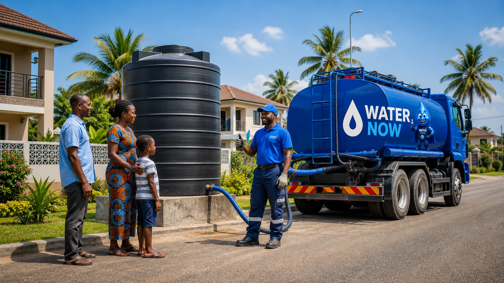 A Ghanaian family receiving a bulk water delivery beside their household storage tank