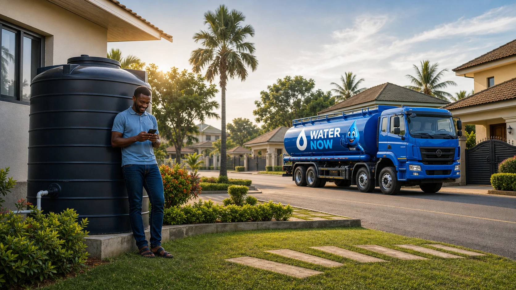 A Ghanaian homeowner using a phone beside a water storage tank as a delivery truck arrives